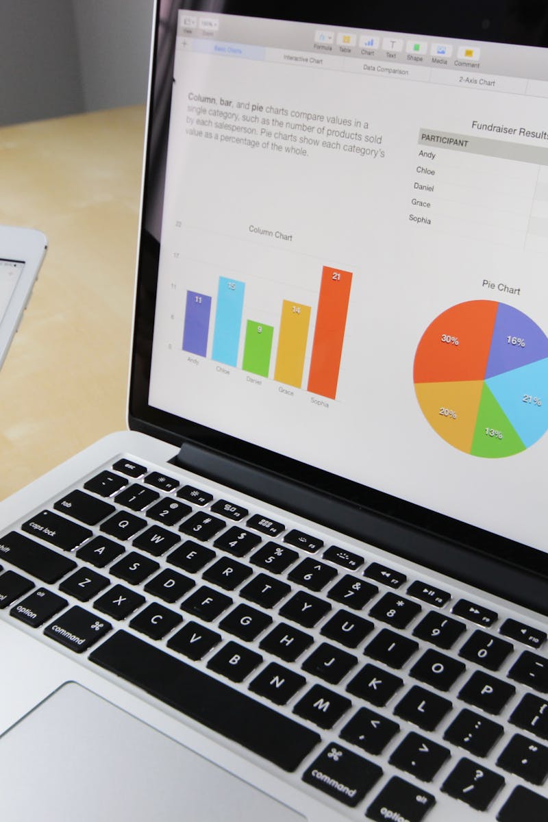 Laptop displaying charts and graphs with tablet calendar for data analysis and planning.