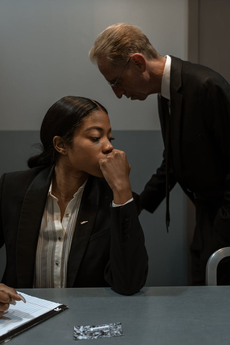 Two professionals in an interrogation room, discussing important matters.