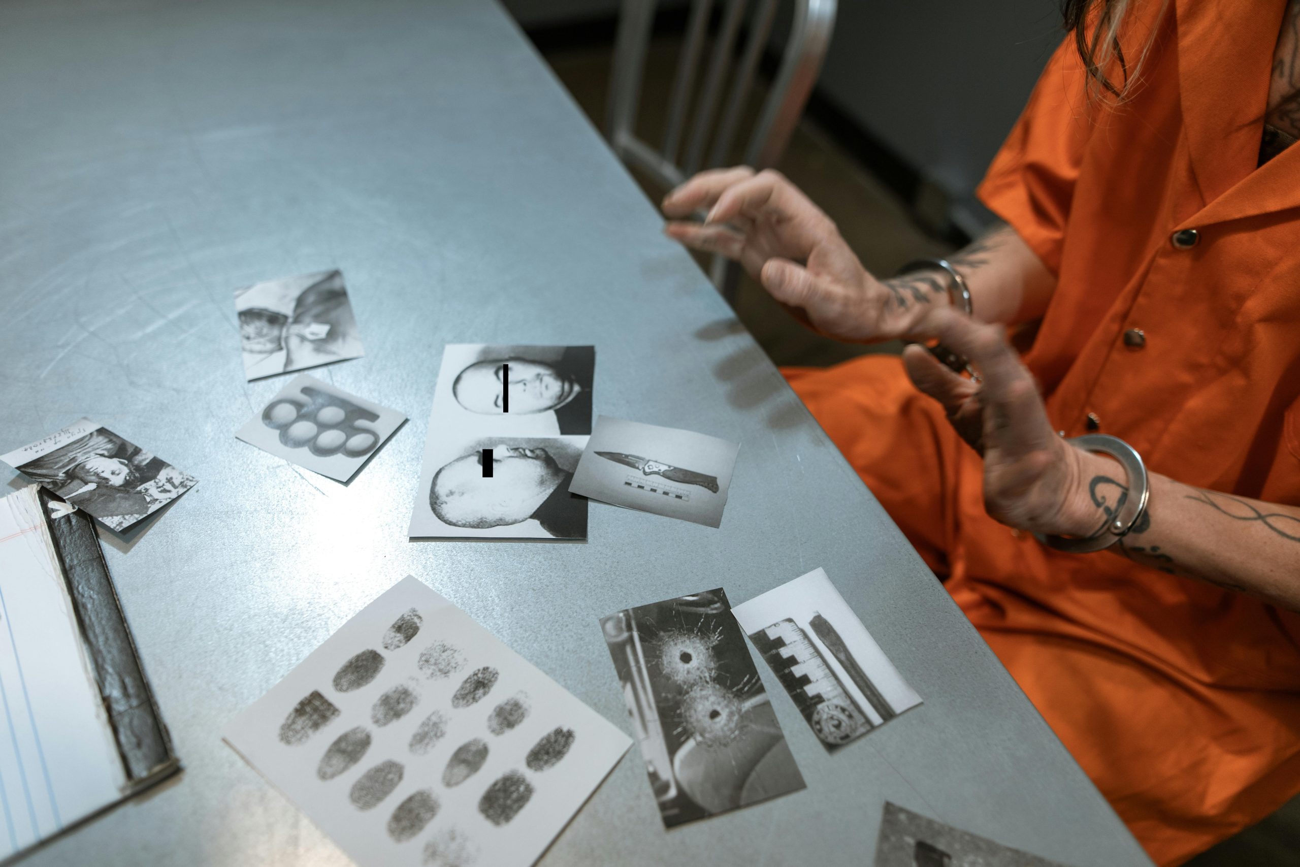 A prisoner in an orange jumpsuit reviews crime scene photos in a jail interrogation room.