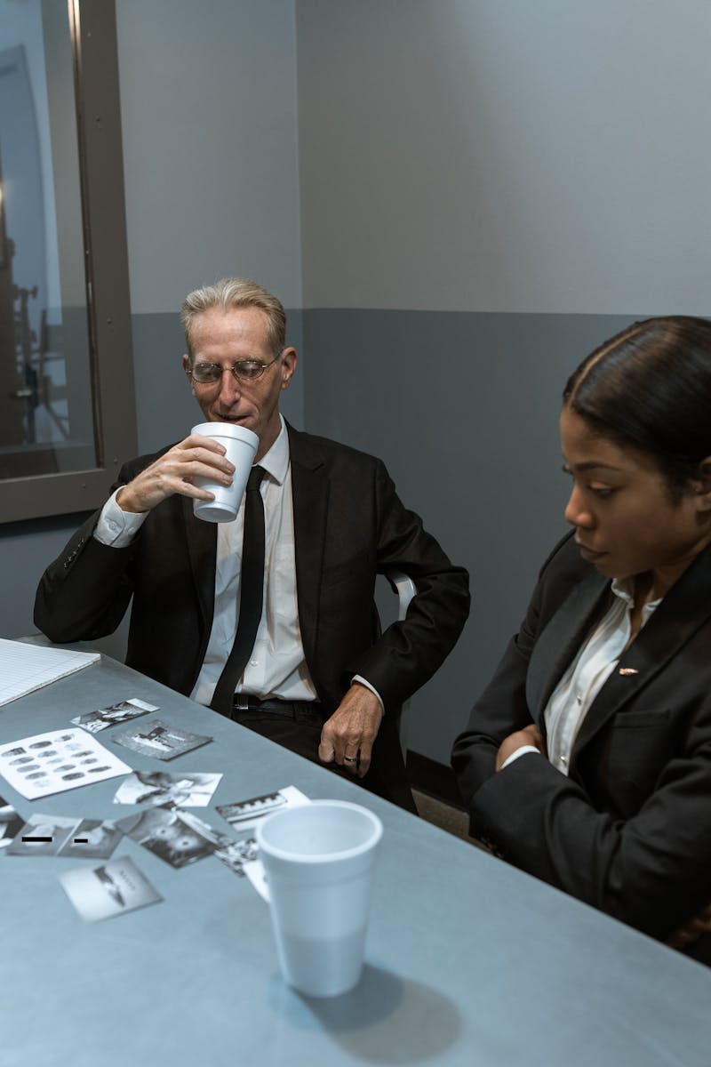 Two professionals discussing documents in a modern office setting with a reflective glass panel.