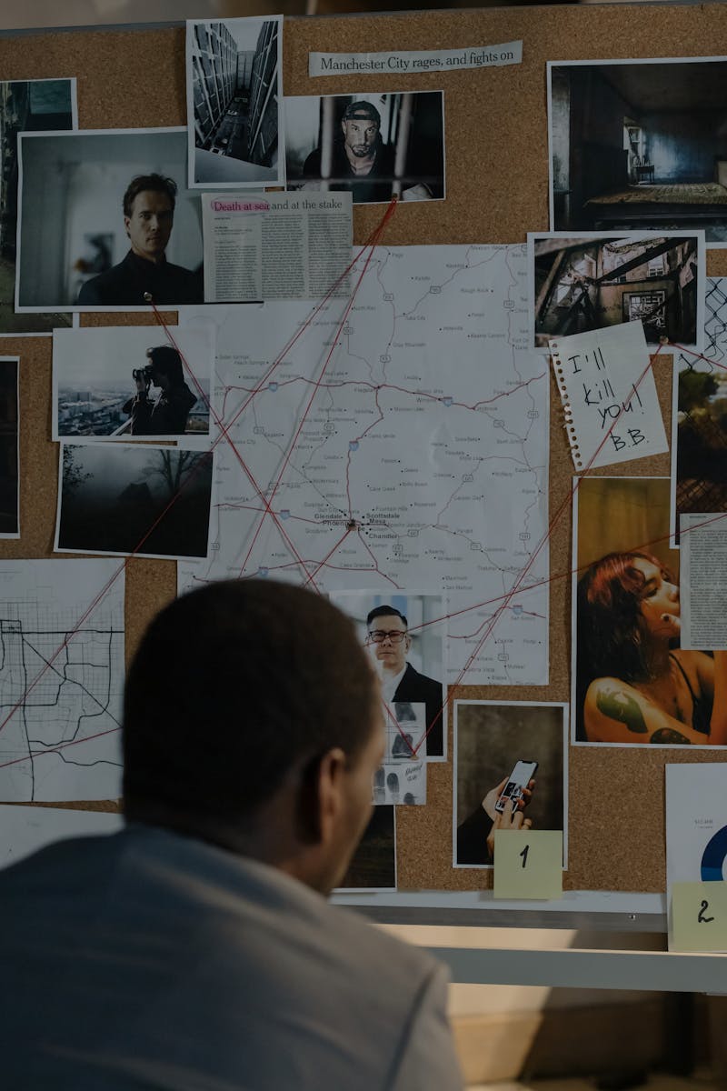 A detective examines a crime investigation board with suspect photos, notes, and maps.